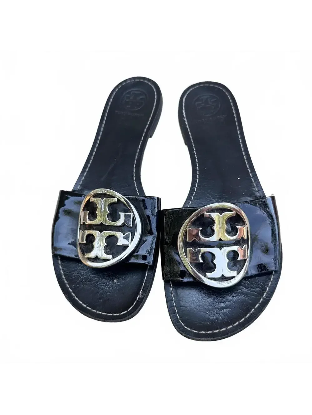 Tory Burch Grania Black Patent Leather Slide Sandals Silver Logo Size 10